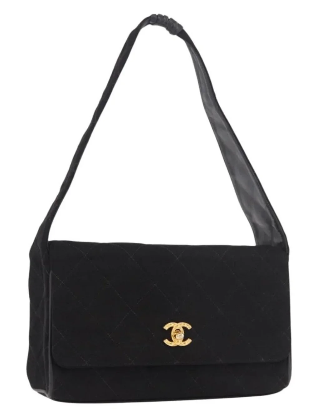 CHANEL Matelasse Shoulder Bag Cotton Black Gold CC Auth 186116V
